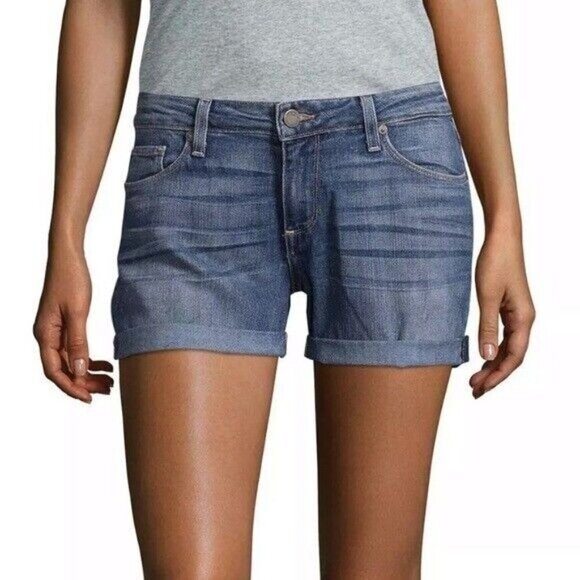 Paige Toni Denim Shorts Rolled Tab Hem Medium Wash Size 28 - Picture 1 of 7